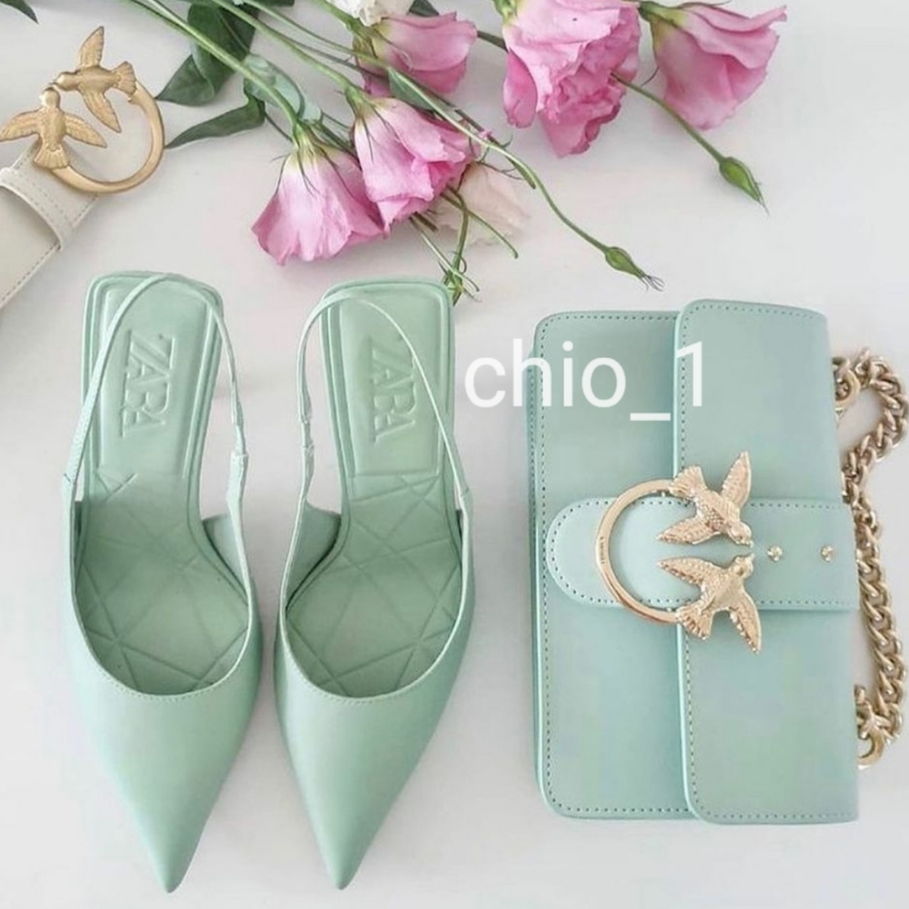 Zara SLINGBACK LEATHER HEELS GREEN Bloggers favorite - Picture 2 of 15